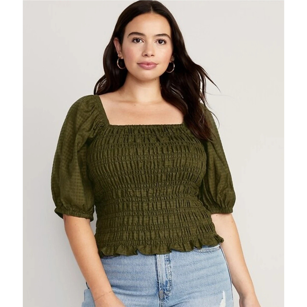 Old Navy Top Womens Extra Large Green Peasant Cottage Boho Smocked Puff Sleeve